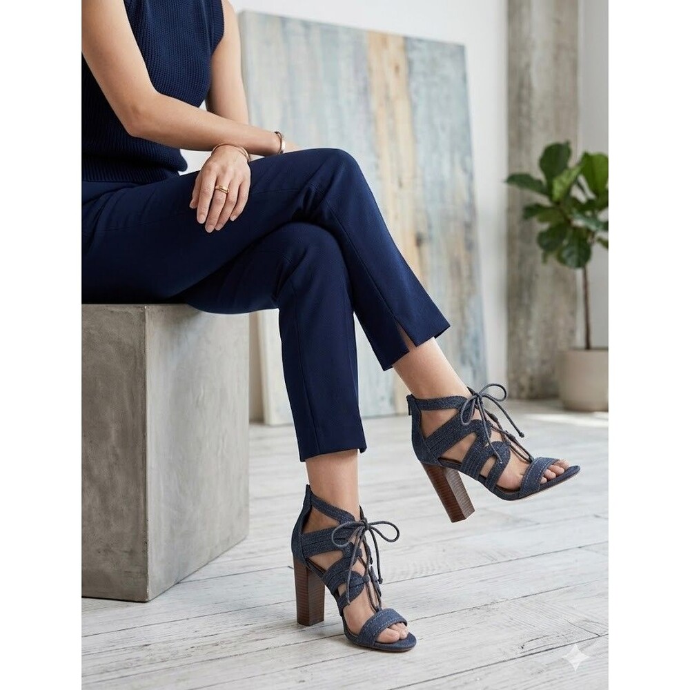 Parker & Sky Slate Blue Suede High Block Heel Strappy Lace Up Sandal 7.5